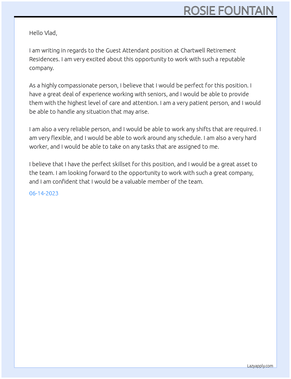 Guest Attendant At chartwell retirement residences Cover Letter