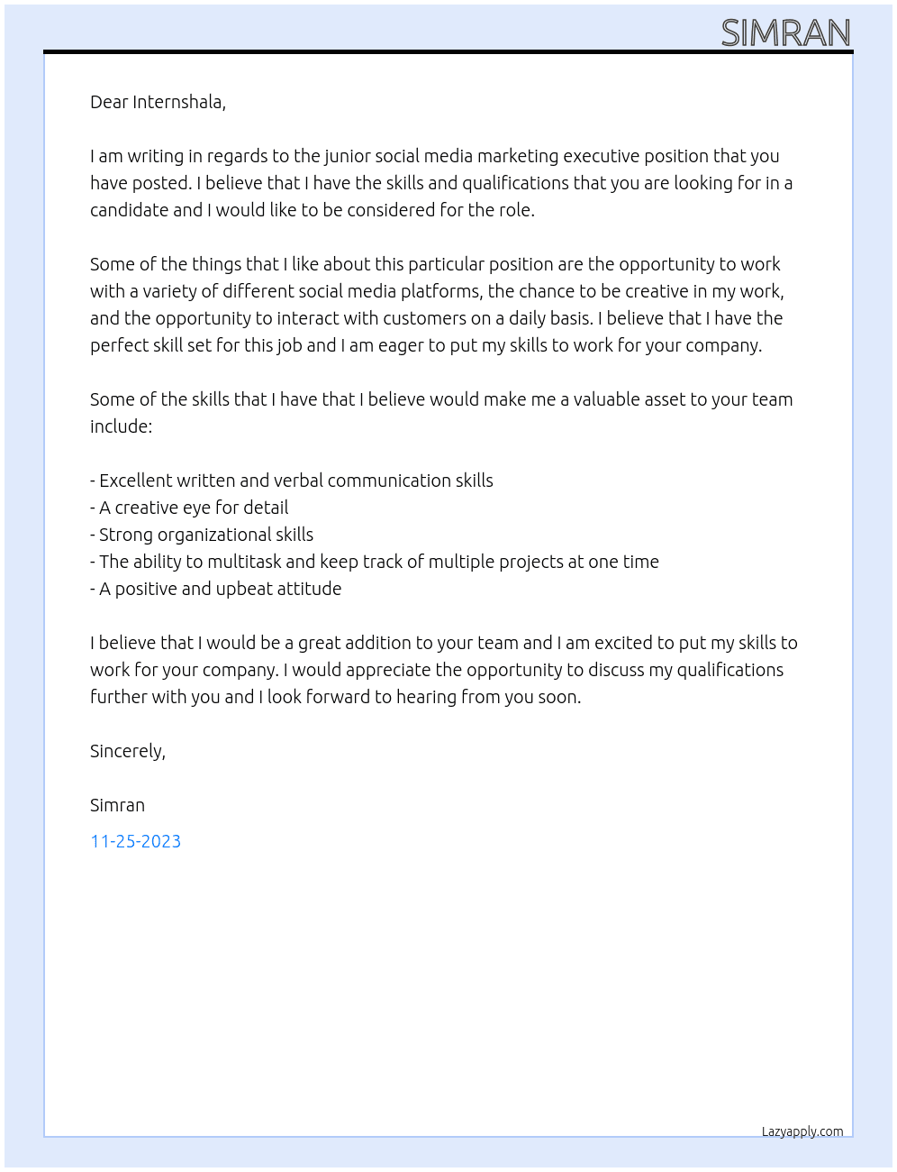 junior social media marketing executive  At suprem service Cover Letter
