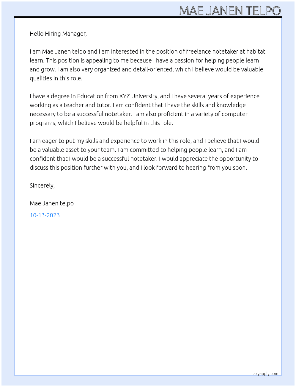 freelance notetaker At habitat learn Cover Letter