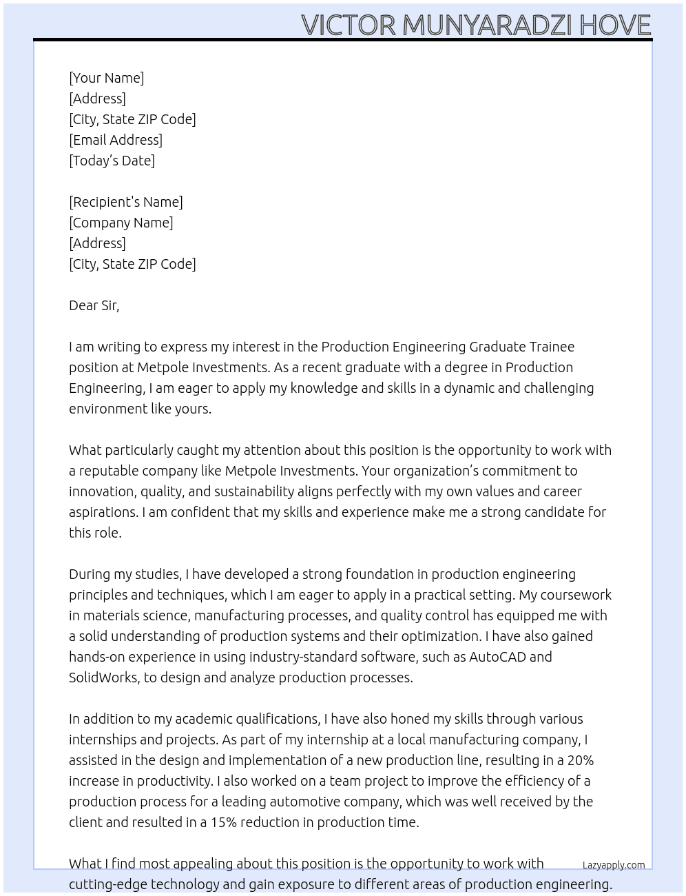 Production Engineering Graduate Trainee At Metpole Investments Cover Letter