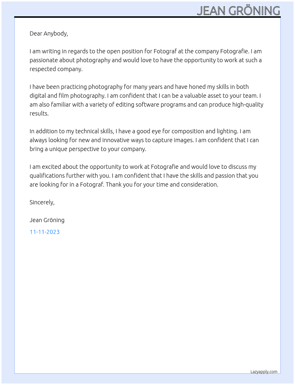 Fotograf  At Fotografie Cover Letter