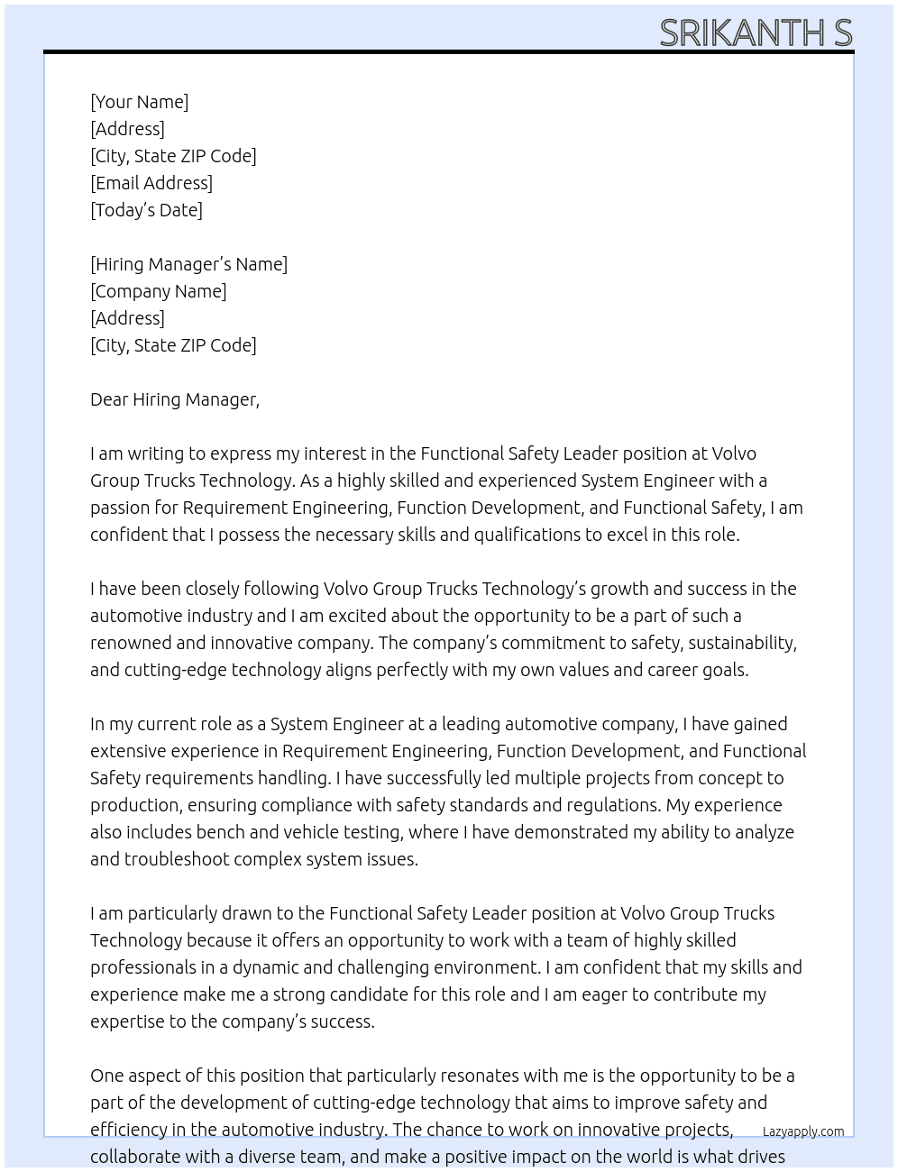 Functional Safety leader At Volvo Group Trucks Technology Cover Letter