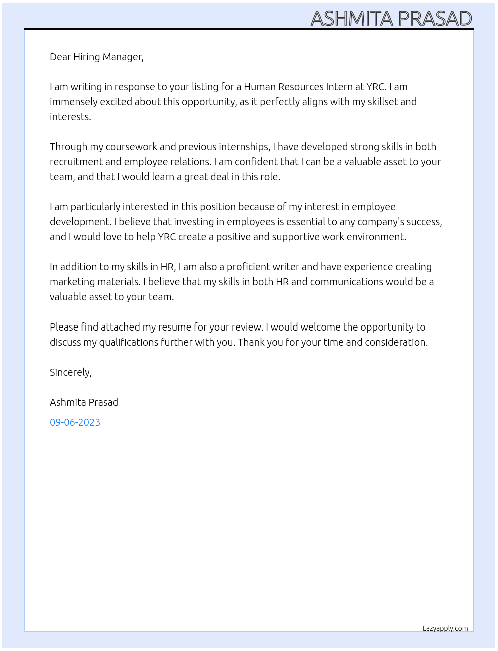 Human resource Intern At YRC Cover Letter