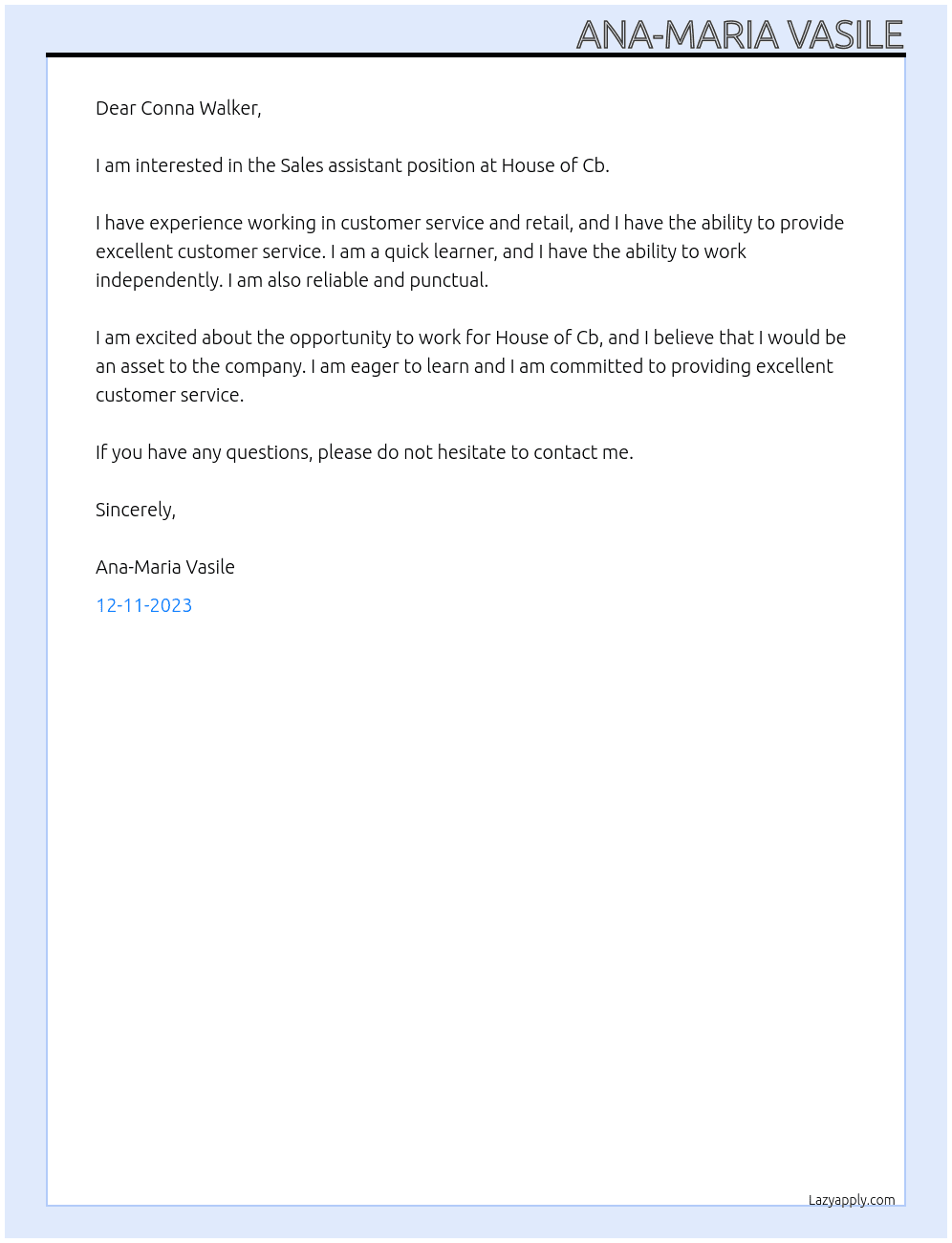 Sales assistant  At House of Cb Cover Letter