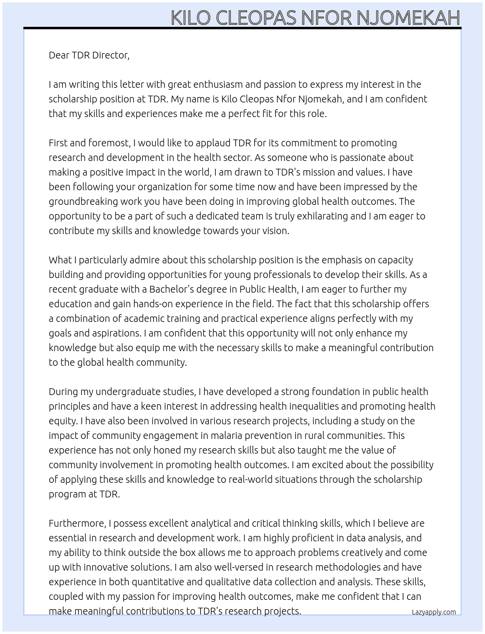 scholarship At TDR Cover Letter