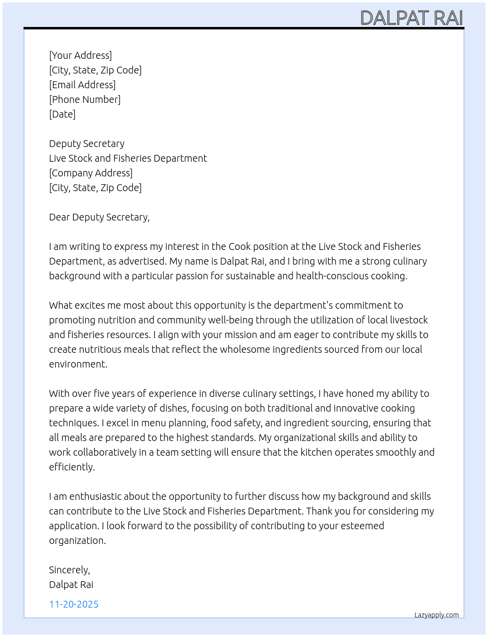 Cook At Live Stock and Fisheries Department Cover Letter