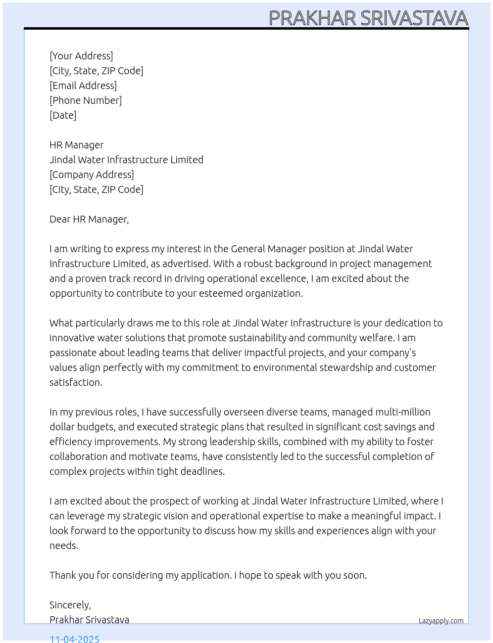 general manager At jindal water infrastructure limited Cover Letter