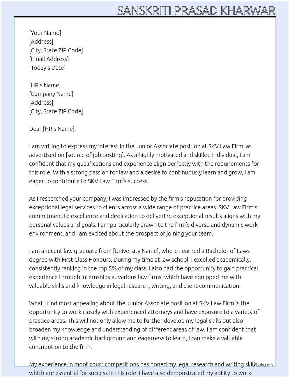 Junior Associate  At SKV Law Firm Cover Letter