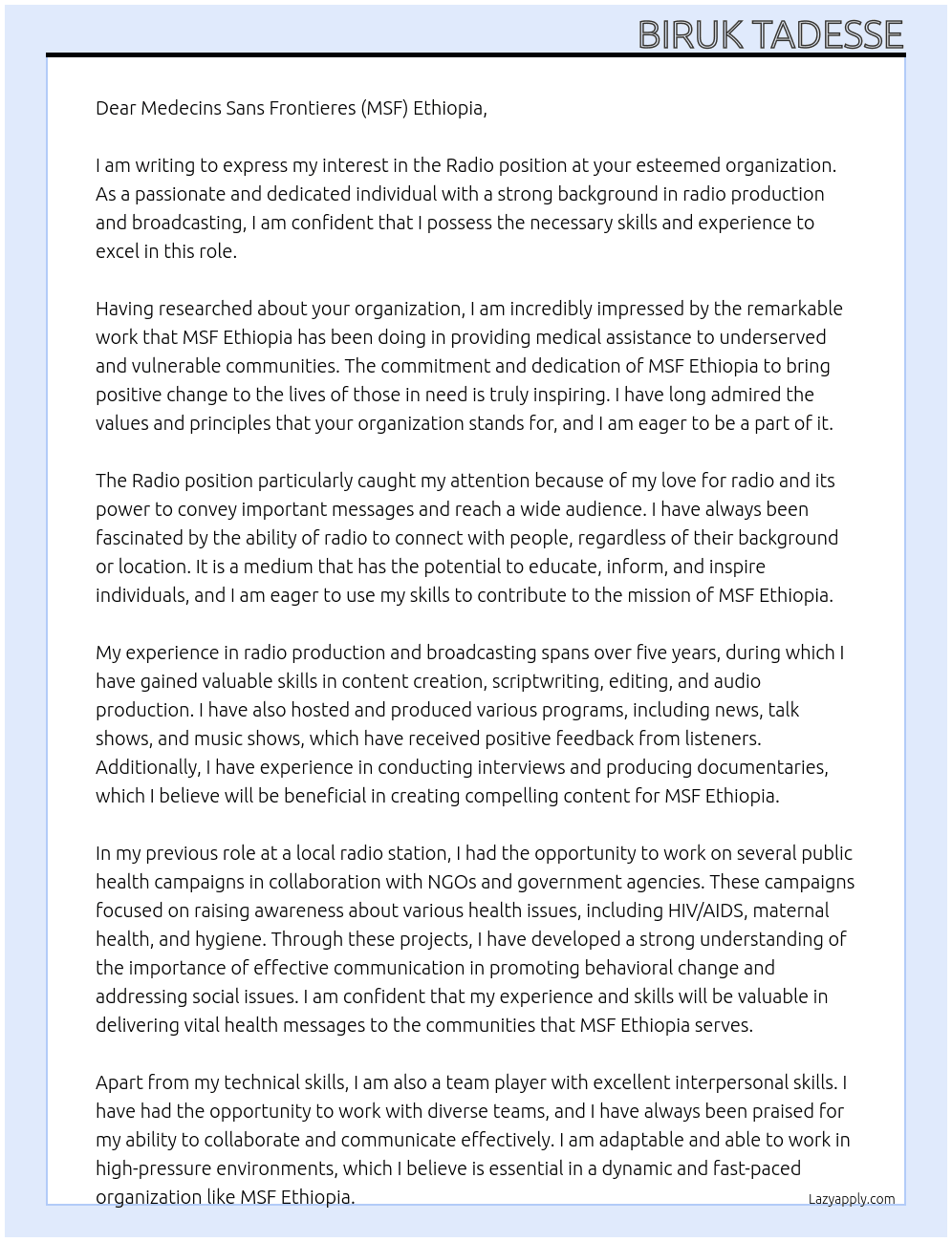 Radio At Medecins Sans Frontieres (MSF) Ethiopia Cover Letter