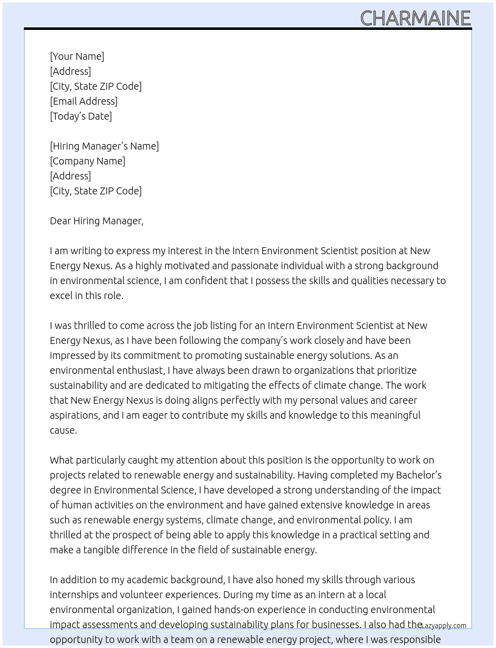 Intern Environment Scientist At New Energy Nexus Cover Letter