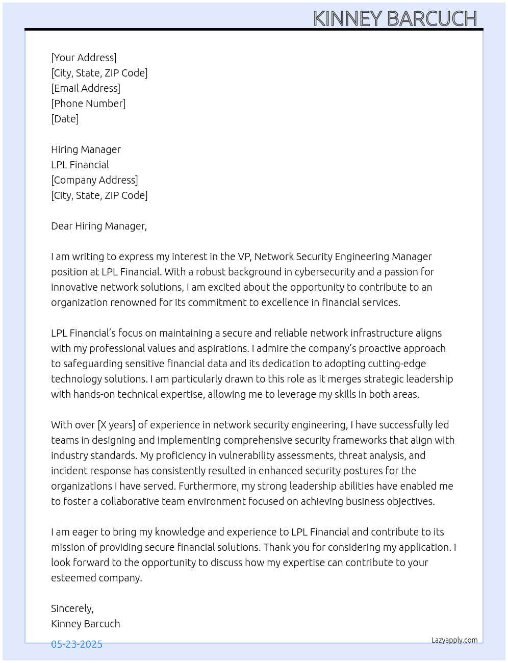 VP. Network Security Engineering Manager At LPL Financial Cover Letter