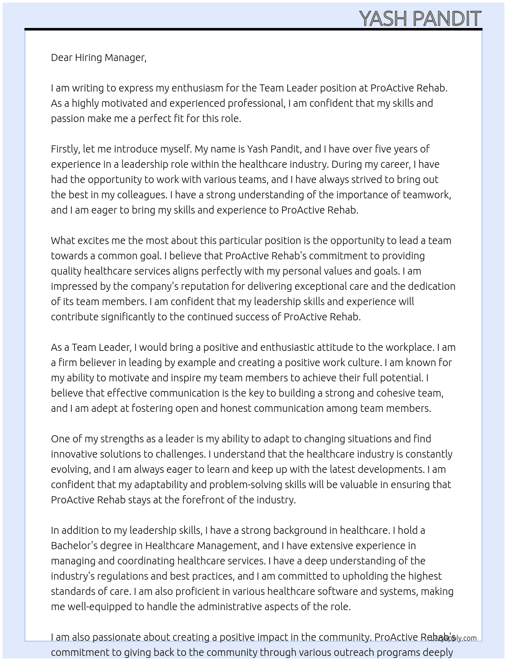 Team Leader At ProActive Rehab Cover Letter