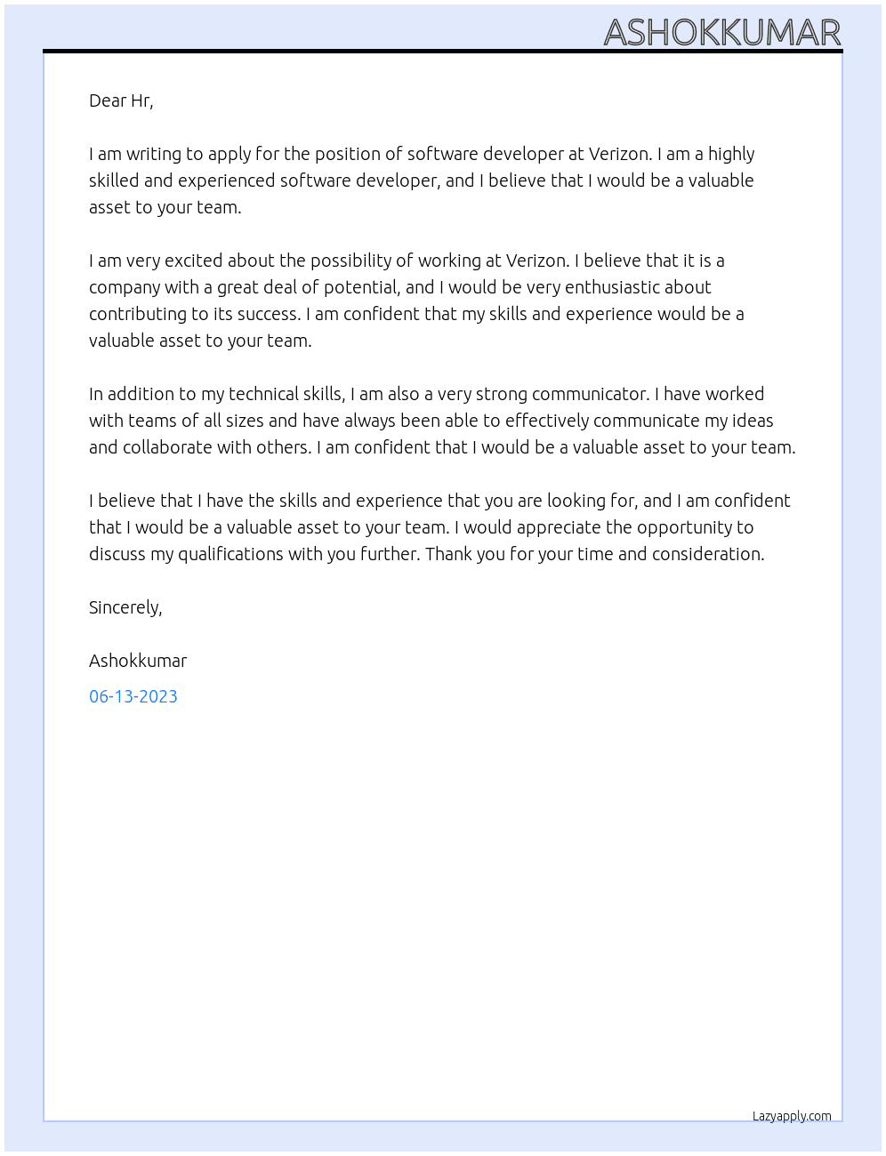 Software developer At verizon Cover Letter