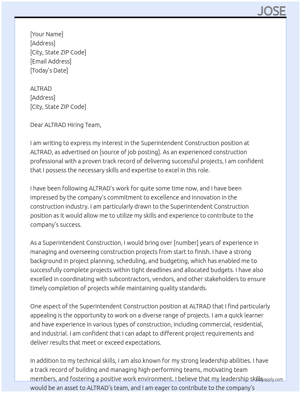 Superintendent construction At ALTRAD Cover Letter