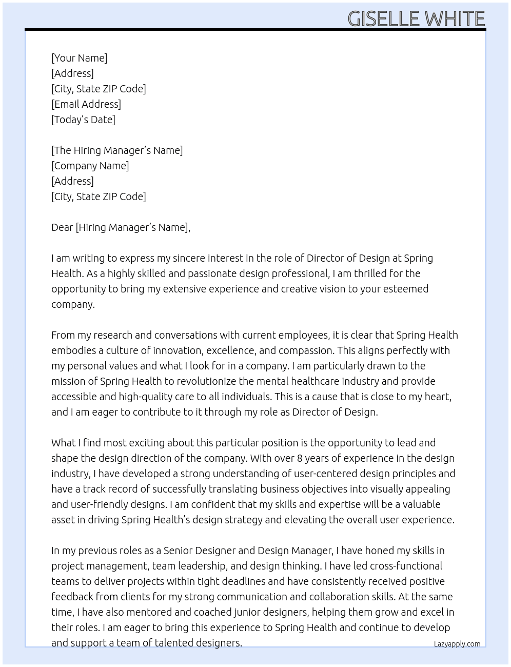 Director of Design  At SPRING HEALTH Cover Letter