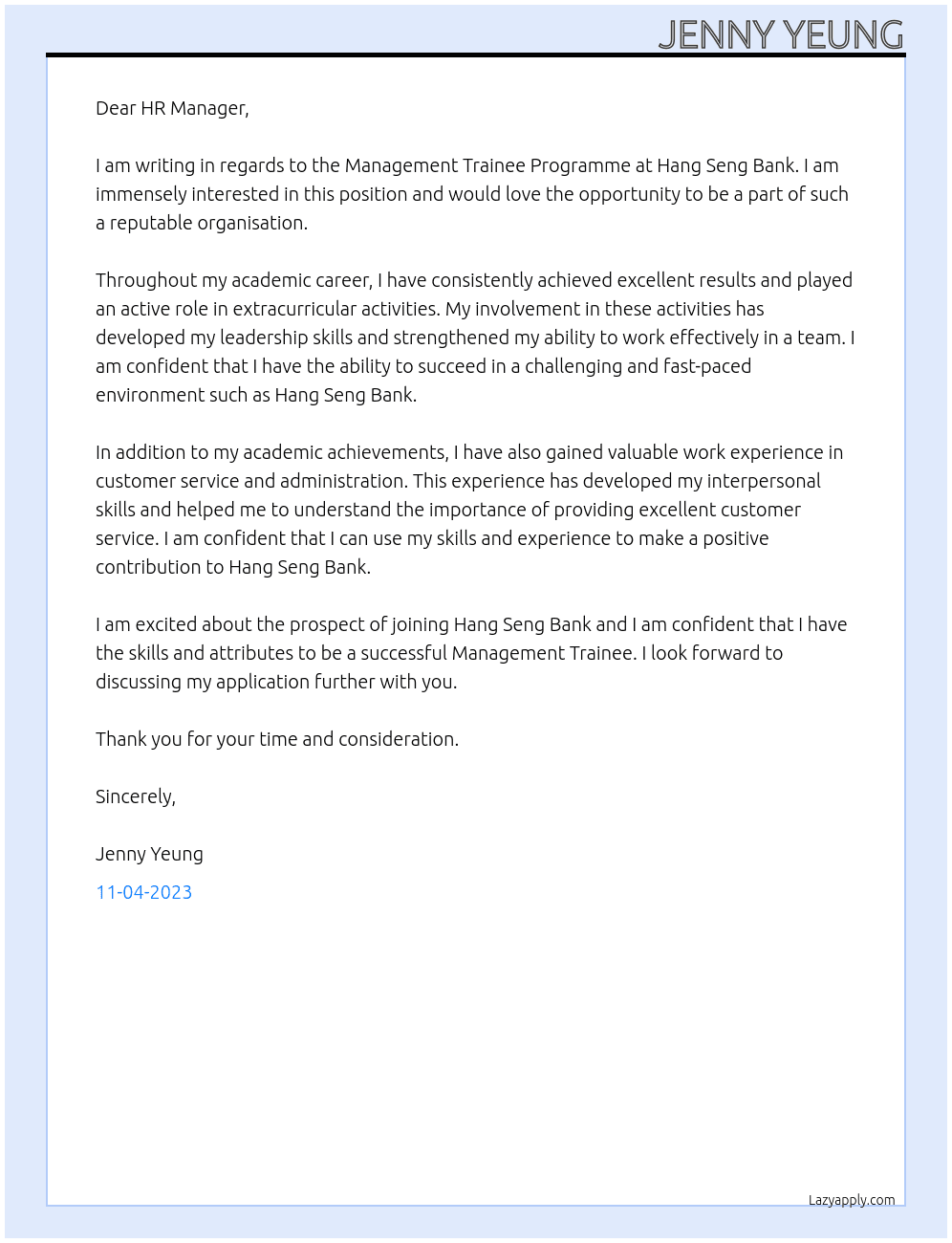 Management Trainee Programme At Hang Seng Bank Cover Letter