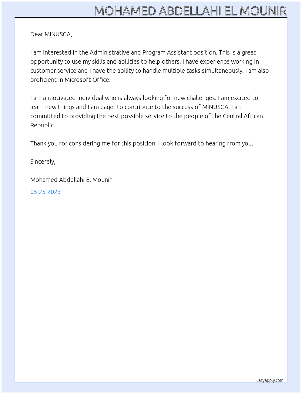 Administrative and Program Assistant At MINUSCA Cover Letter
