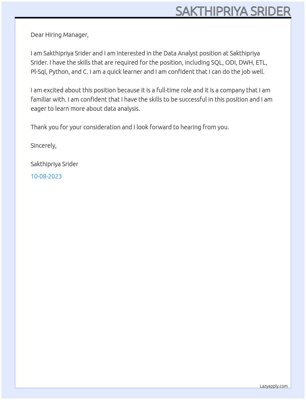 Data Analyst At Sakthipriya Srider Cover Letter