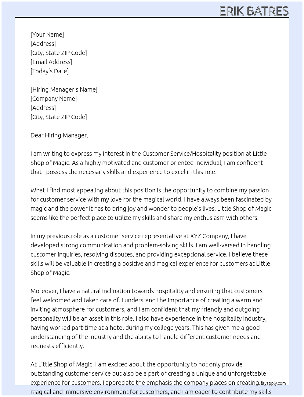 Customer service/ hospitality  At Little shop of magic Cover Letter