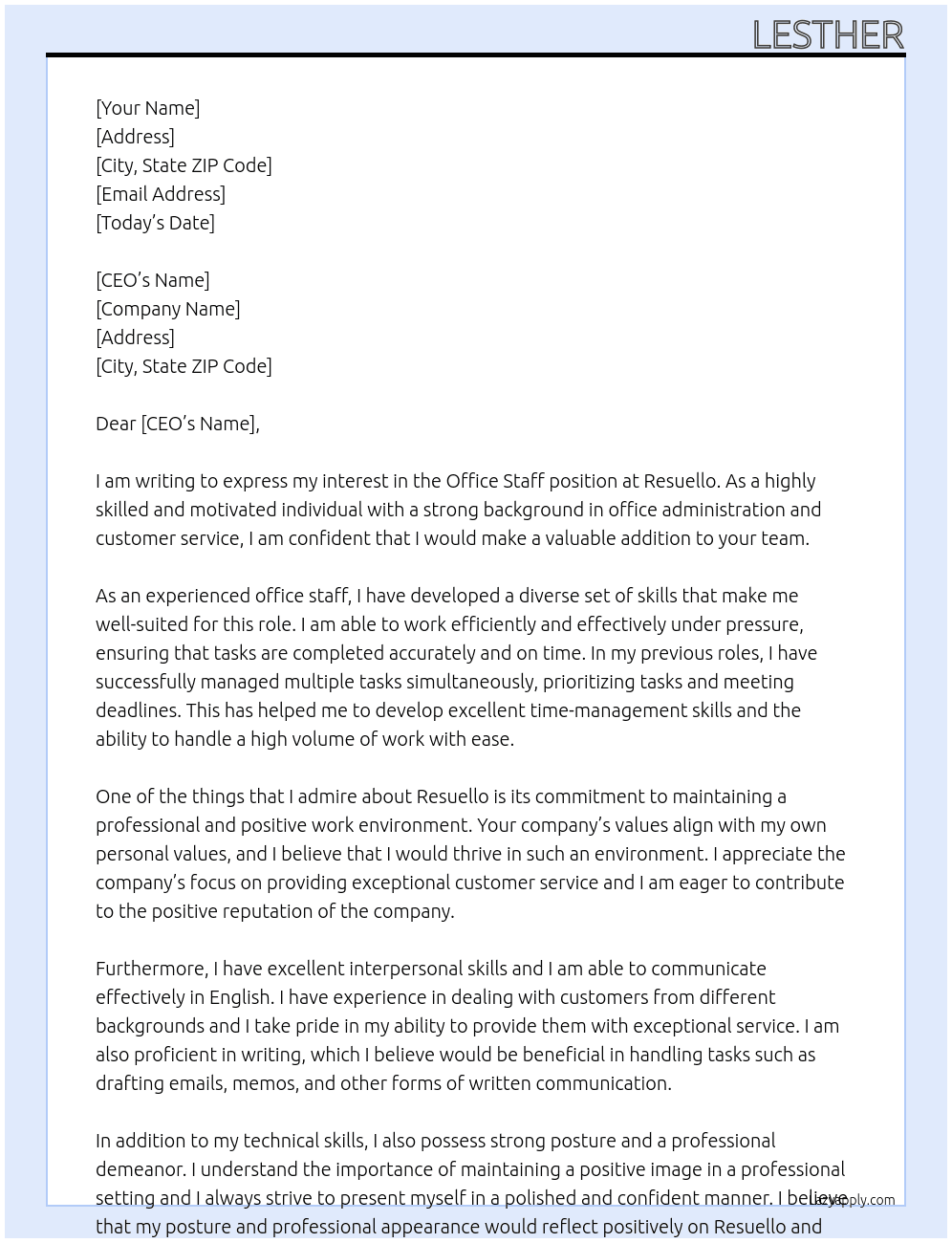 Office Staff At Resuello  Cover Letter