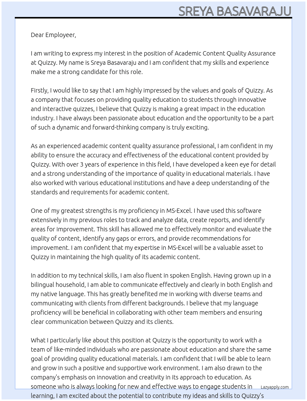 Academic Content Quality Assurance At Quizzy Cover Letter