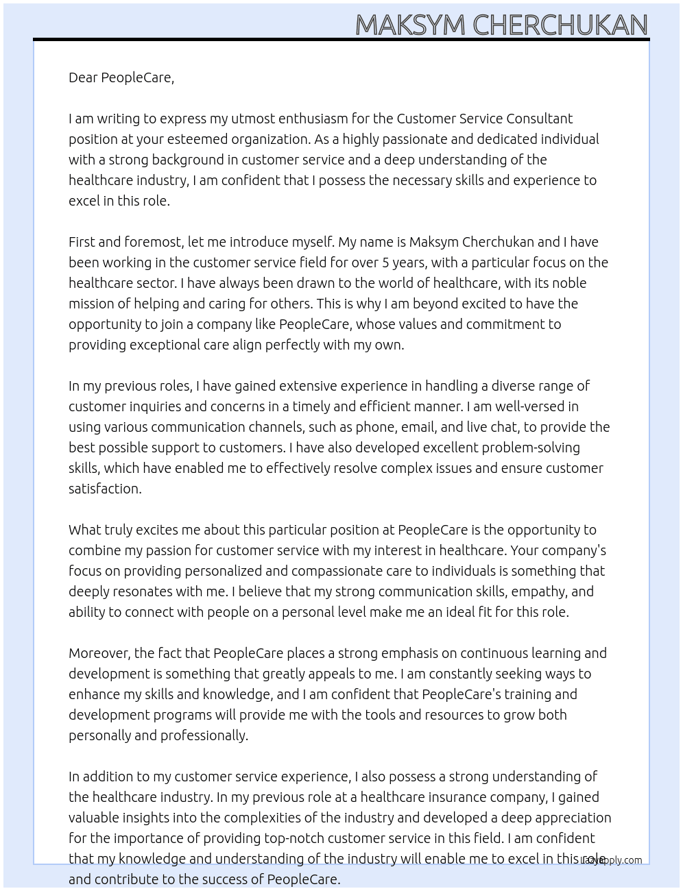 Customer Service Consultant At PeopleCare Cover Letter