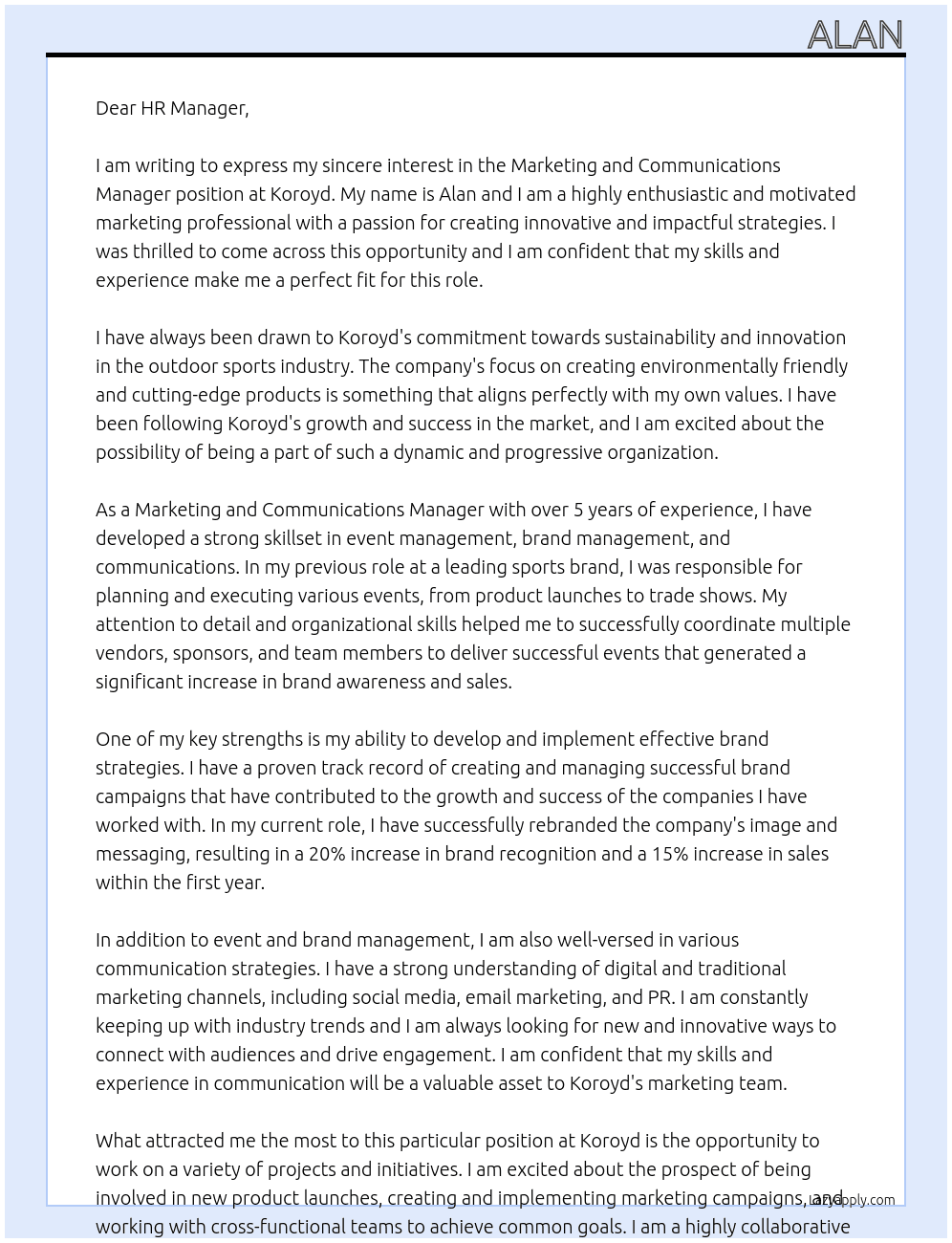 Marketing and Communidations Manager At Koroyd Cover Letter