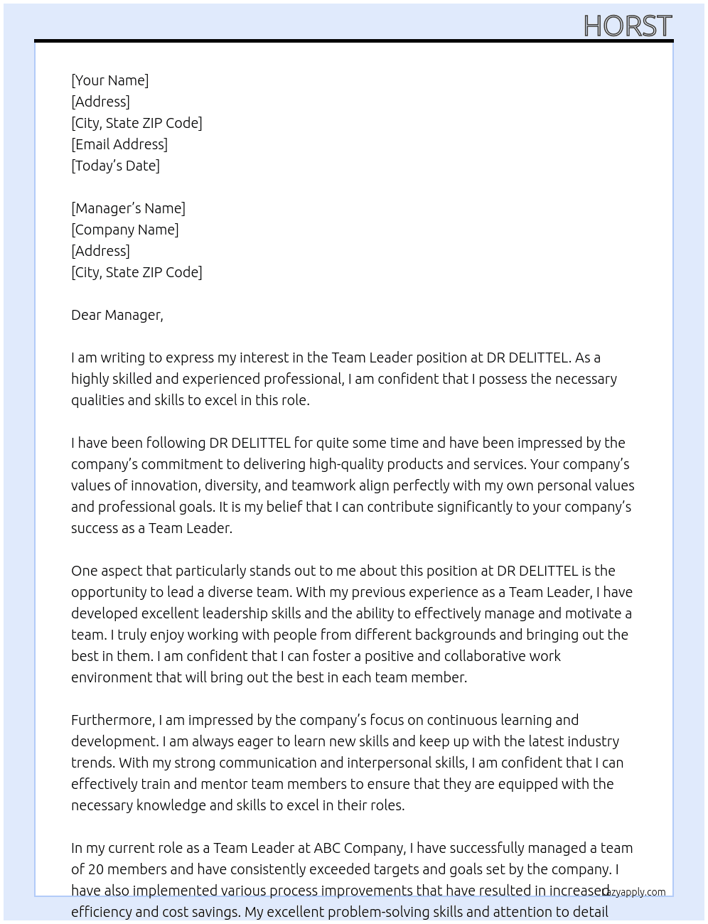 Team leader  At DR DELITTEL Cover Letter