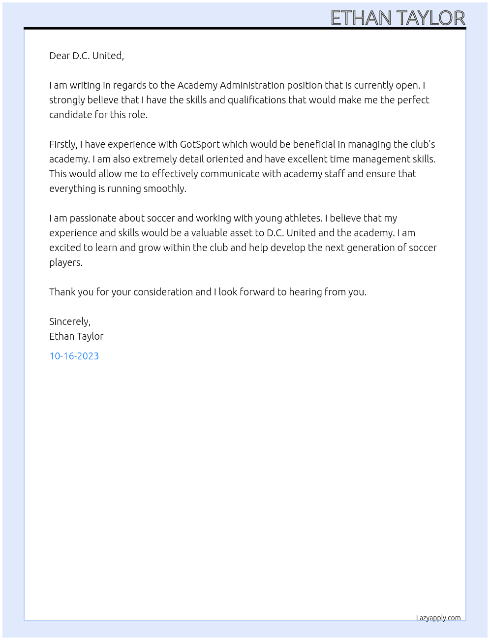 Academy Administration At D.C. United Cover Letter