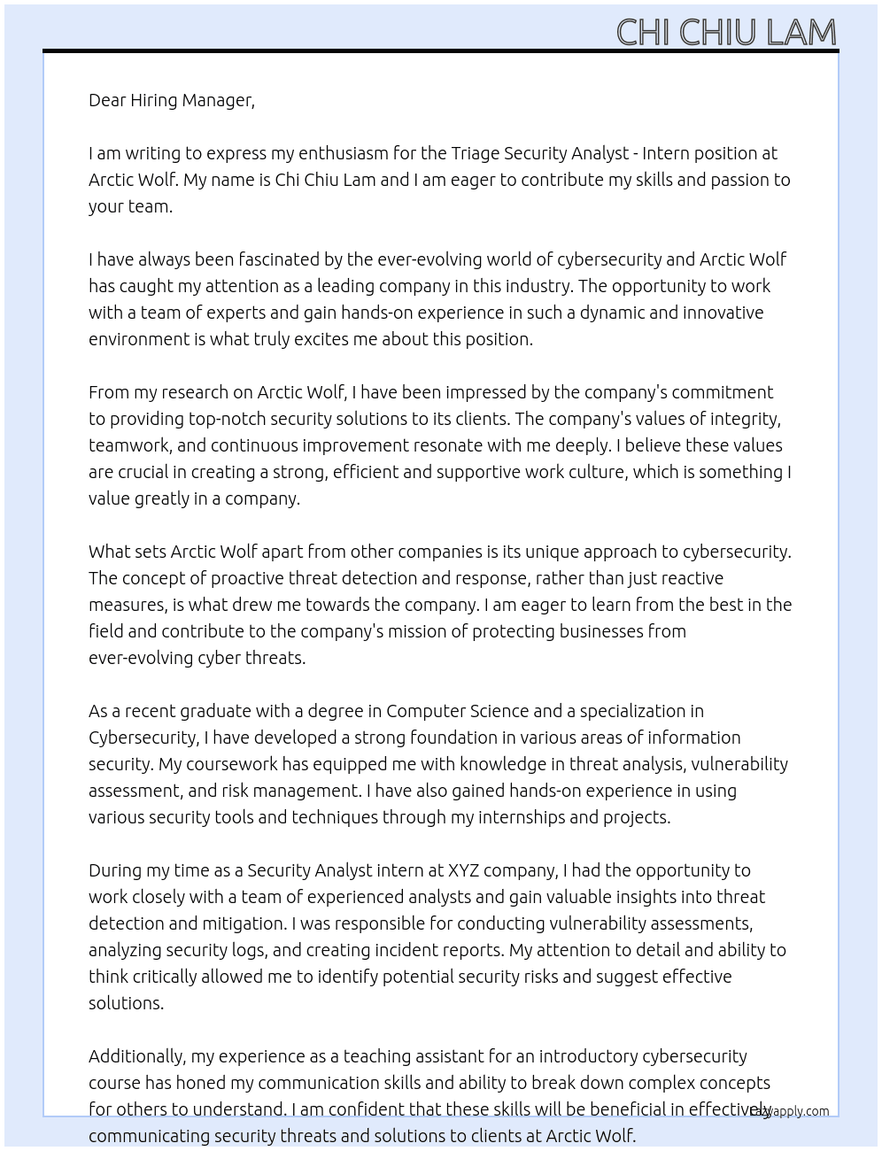 Triage Security Analyst - Intern At Arctic Wolf Cover Letter