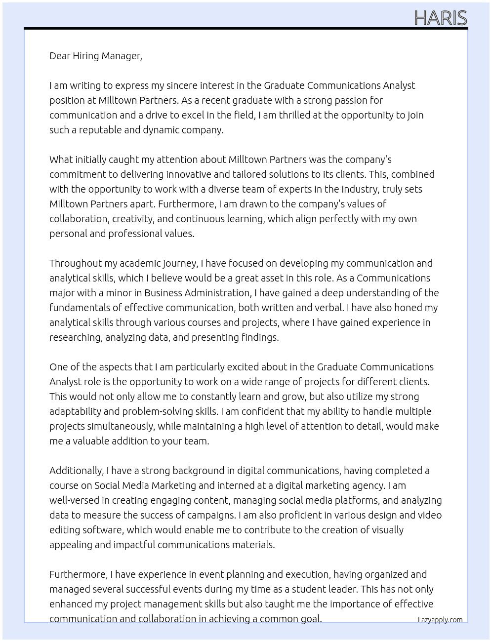 Graduate Communications Analyst At Milltown Partners Cover Letter
