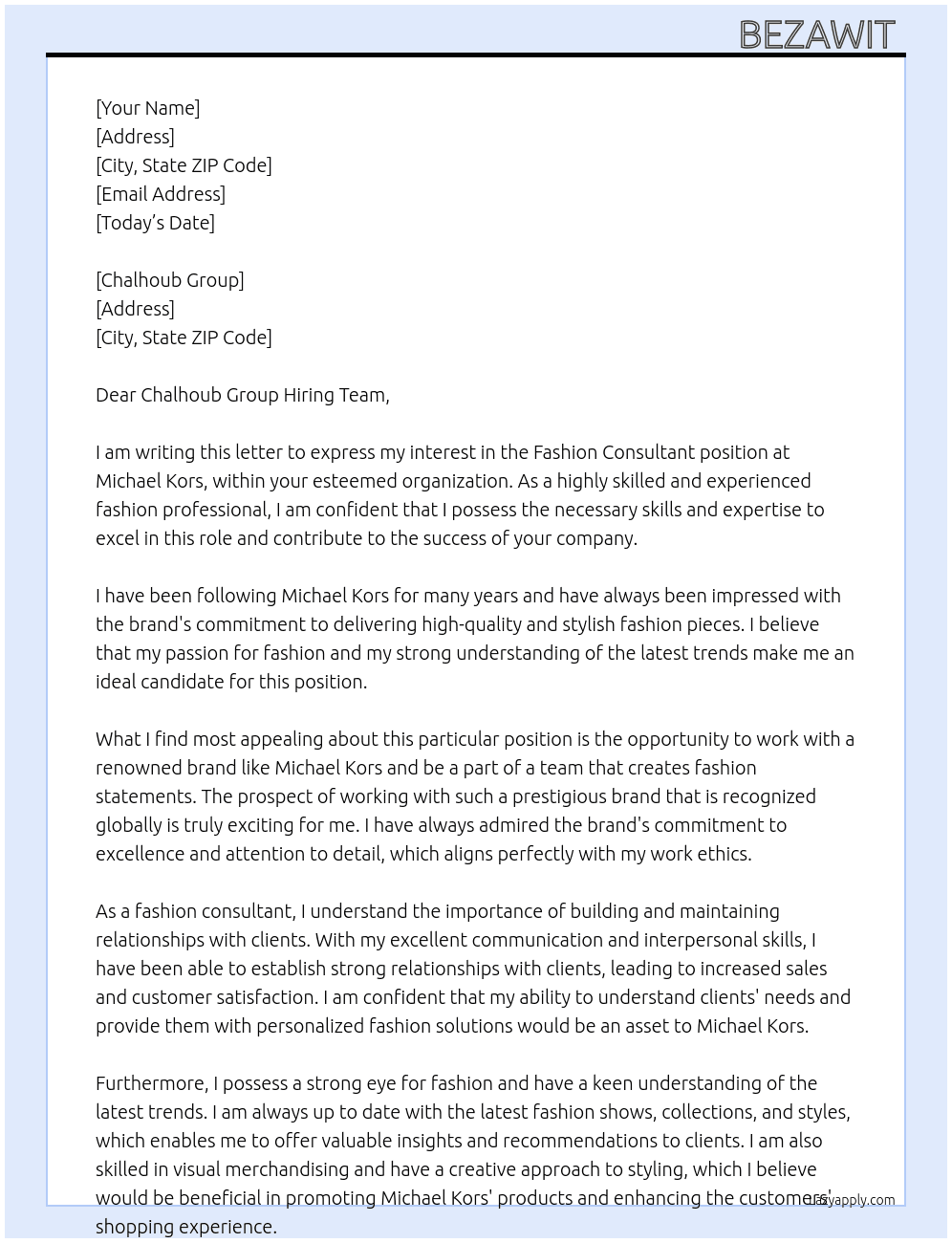 Fashion consultant At Michael Kors Cover Letter