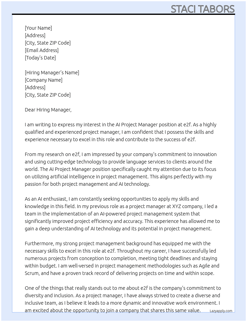 AI Project Manager At e2f Cover Letter