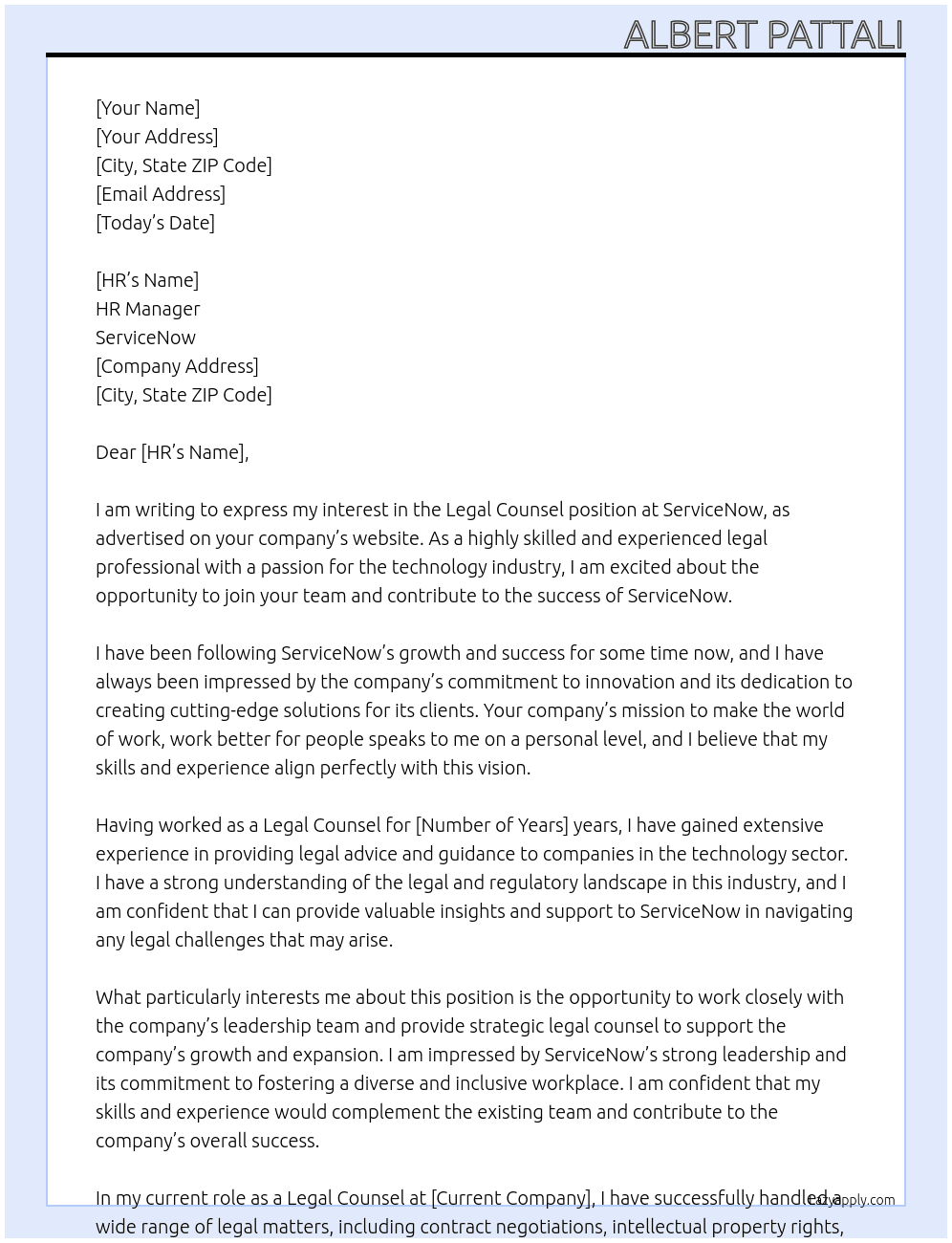 Legal Counsel At ServiceNow Cover Letter