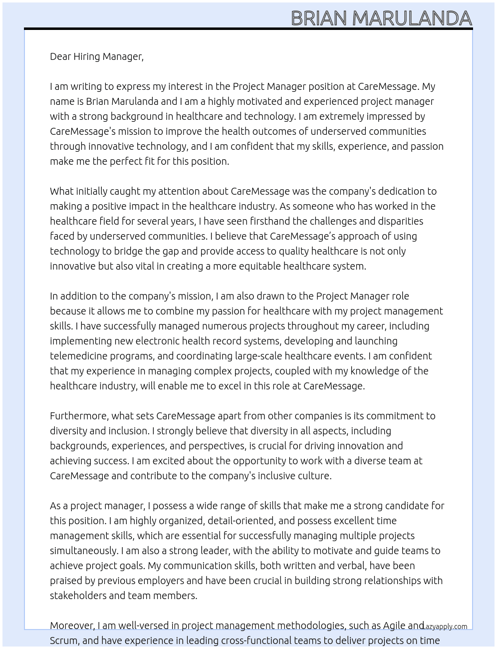 Project Manager At CareMessage Cover Letter