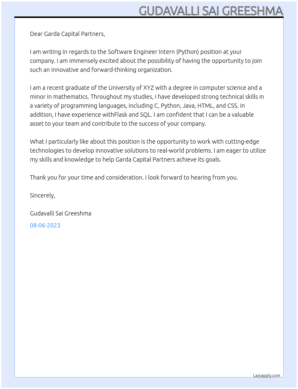 Software Engineer Intern (Python)  At Garda Capital Partners Cover Letter