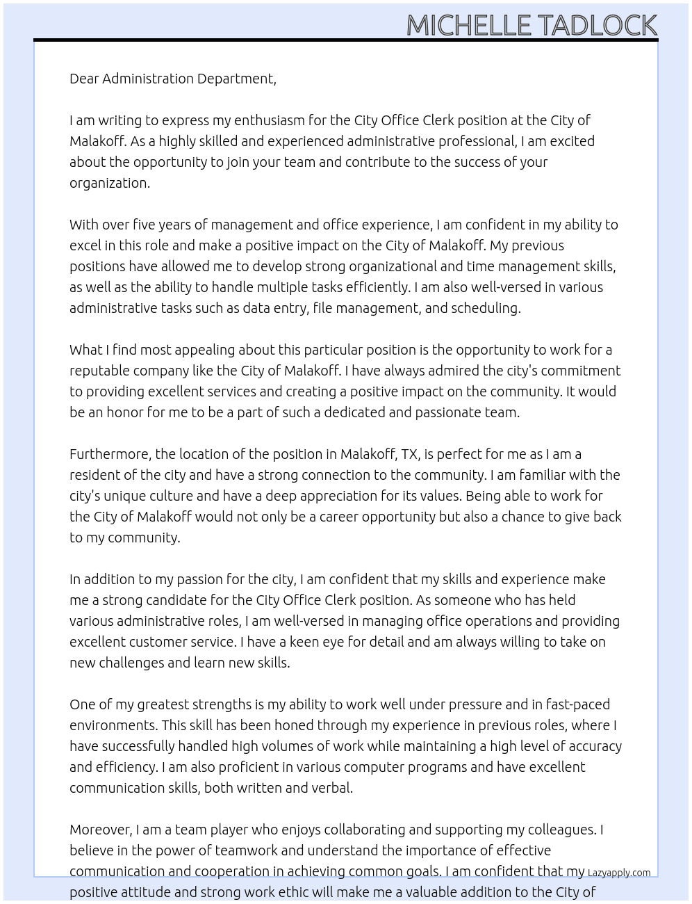 City Office Clerk At City of Malakoff Cover Letter