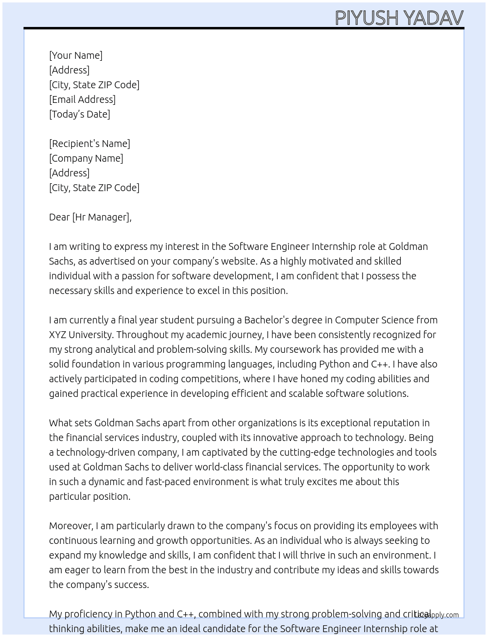 Software Engineer  At goldmansachs Cover Letter