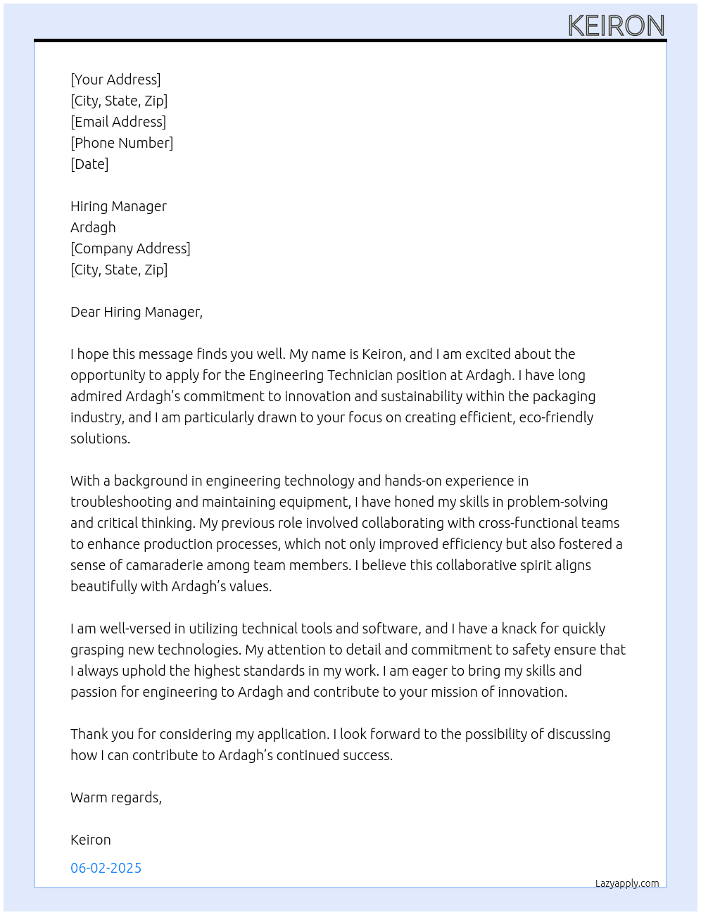 Cover letter for engineering technician - LazyApply