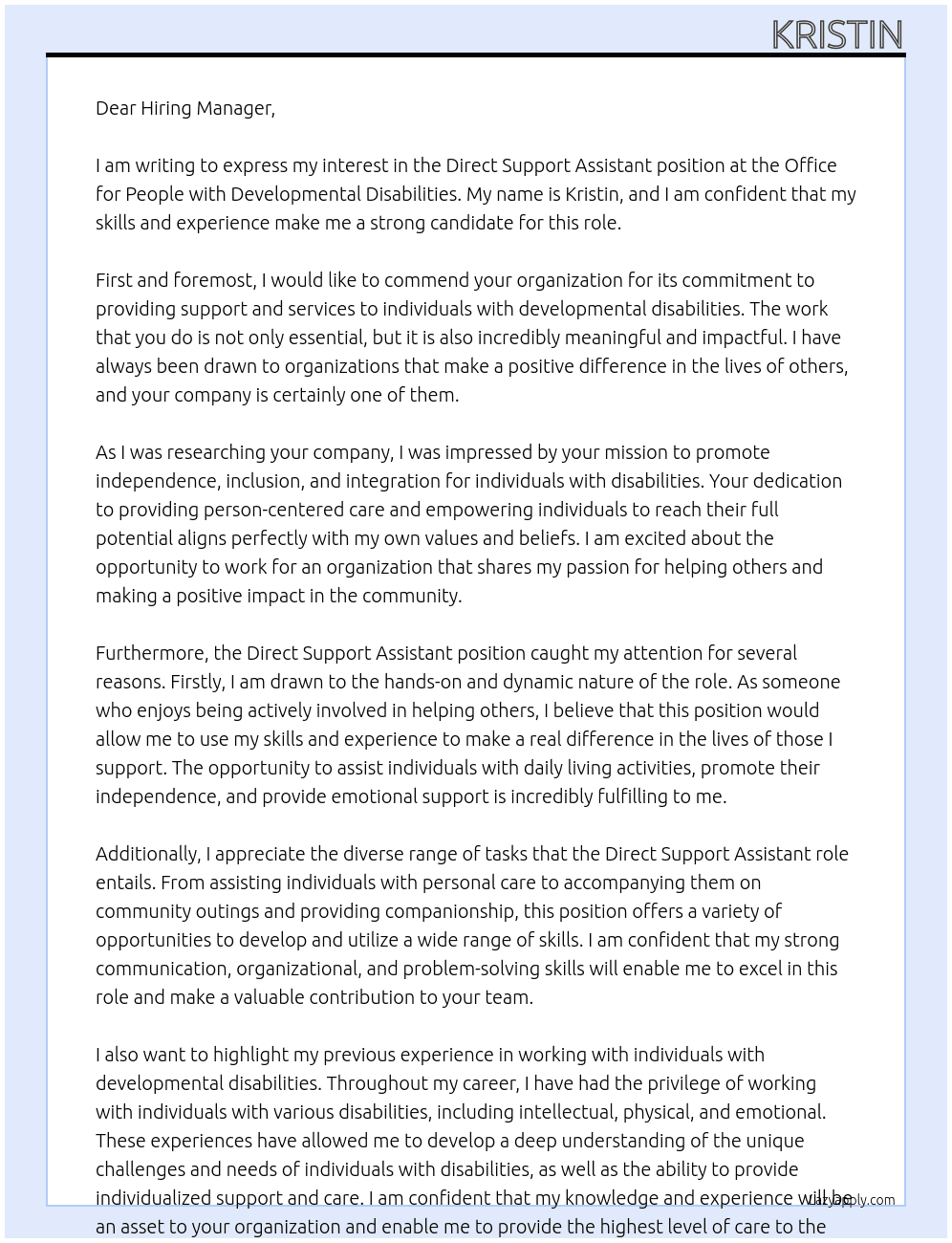 direct support assistant At office for people with developmental disabilities Cover Letter