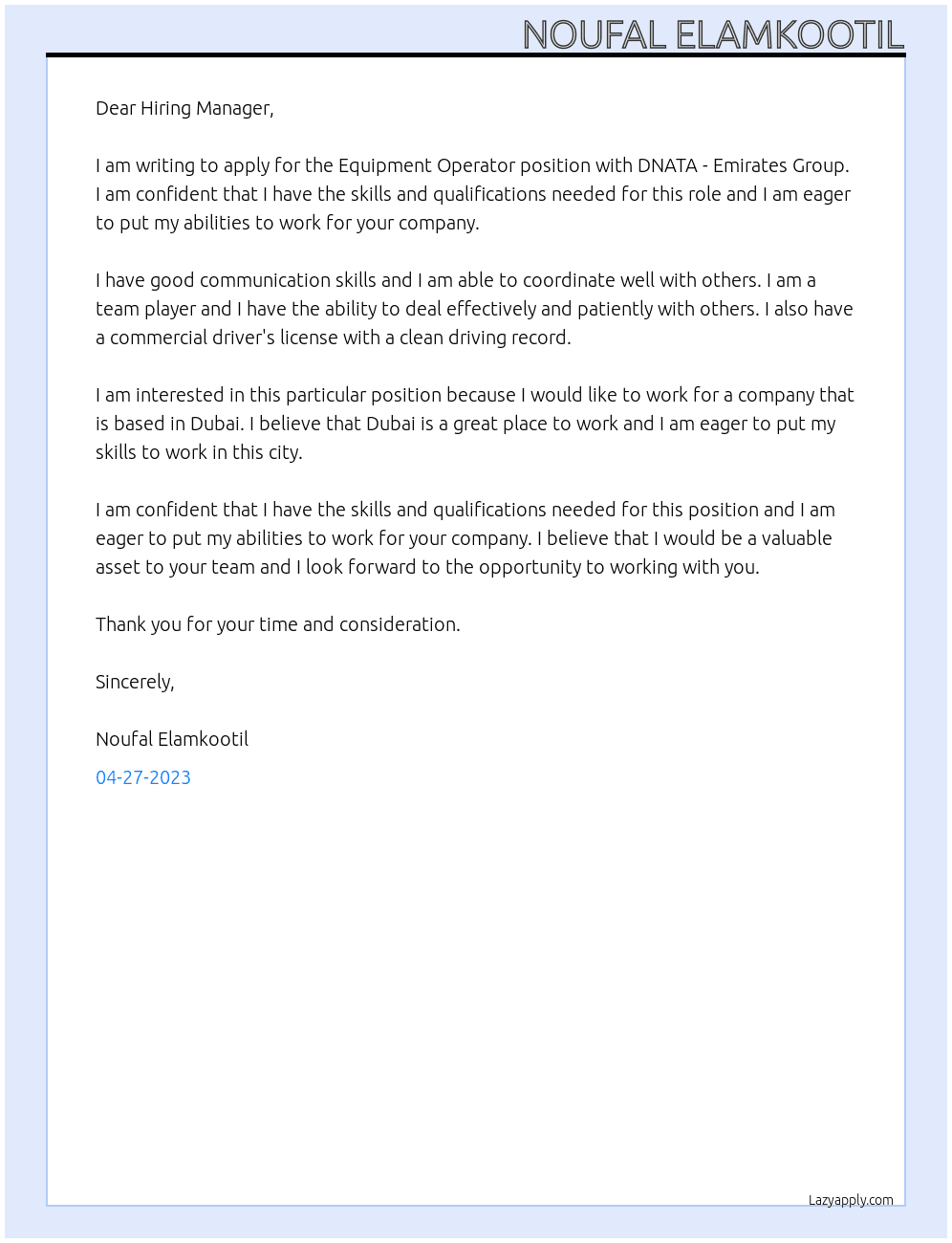 Equipment Operator  At DNATA - Emirates Group Cover Letter