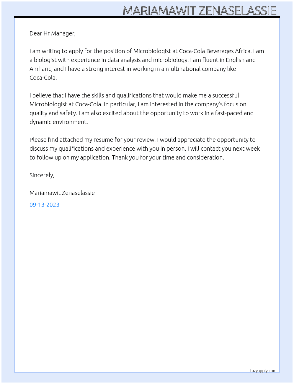 Microbiologist At Coca-Cola Beverages Africa Cover Letter