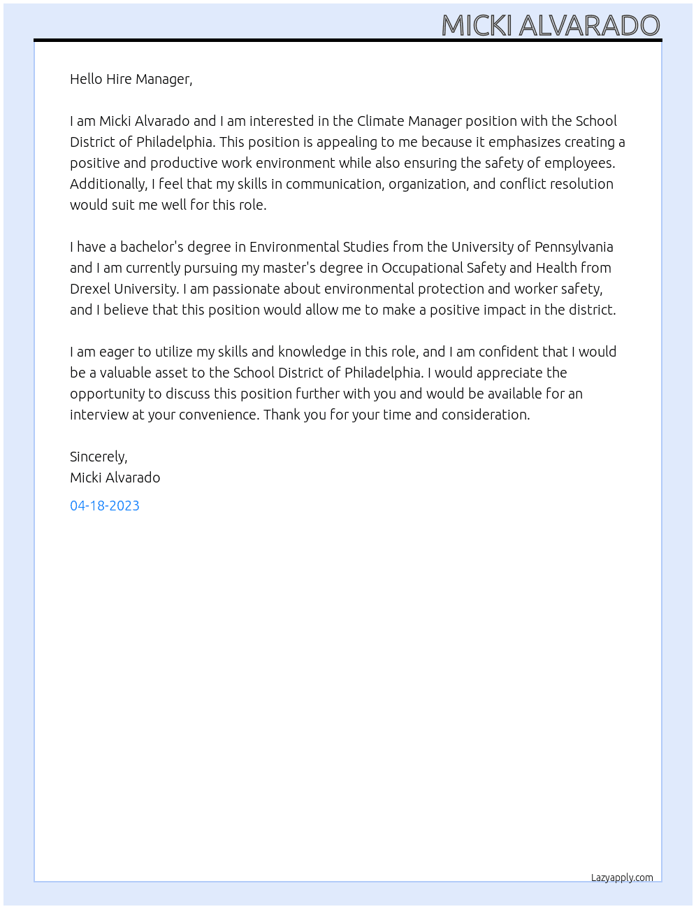 Climate Manager At School District of Philadelphia Cover Letter