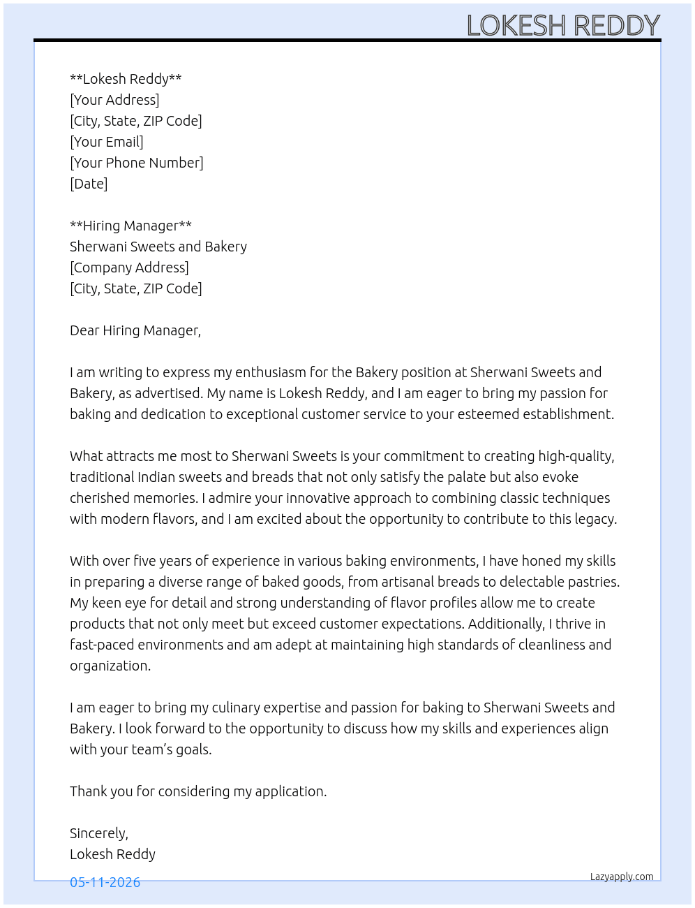 Bakery At Sherwani sweets and back Cover Letter