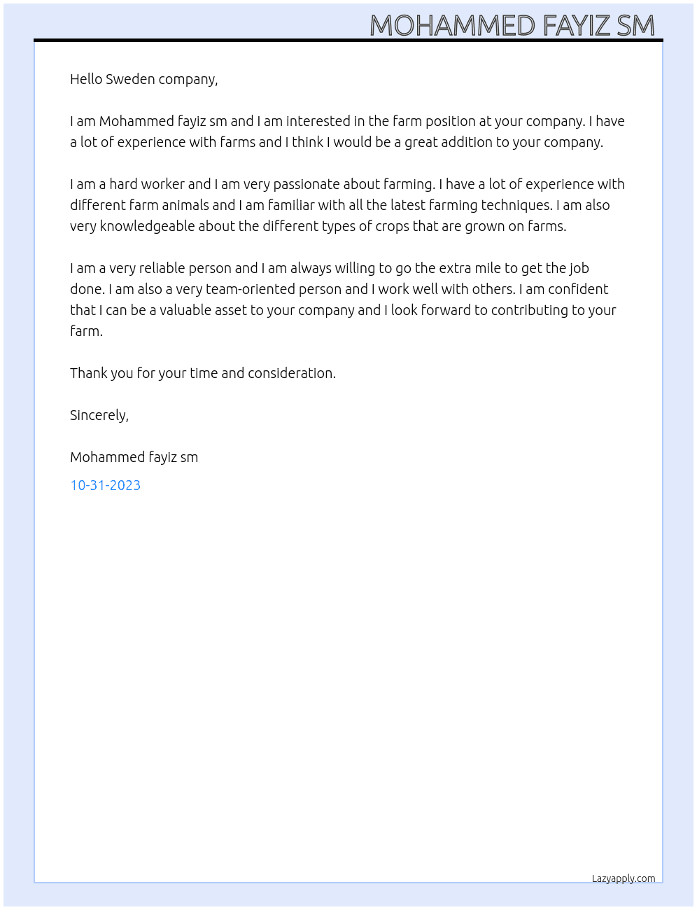 Farm At Sweden company  Cover Letter