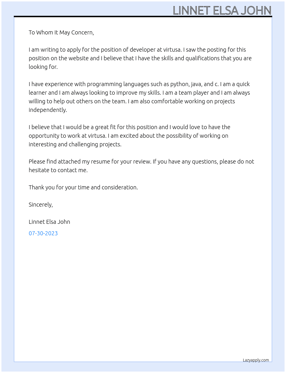 developer At virtusa Cover Letter