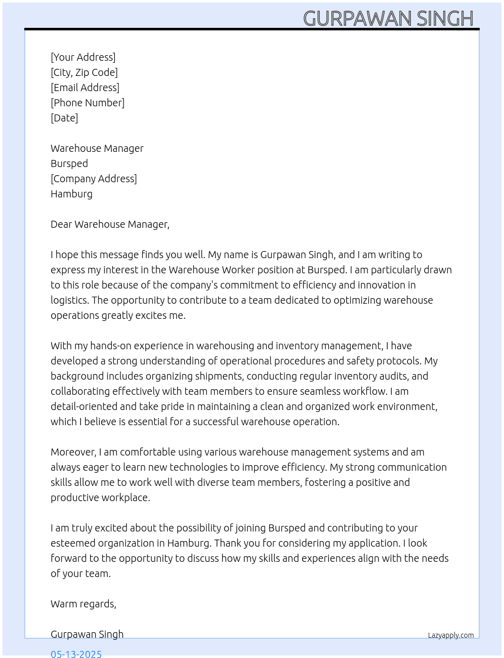 Warehouse worker  At Bursped Cover Letter