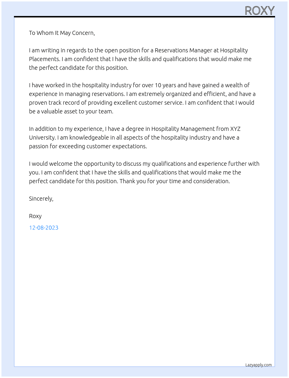 Reservations Manager At Hospitality PLacements Cover Letter