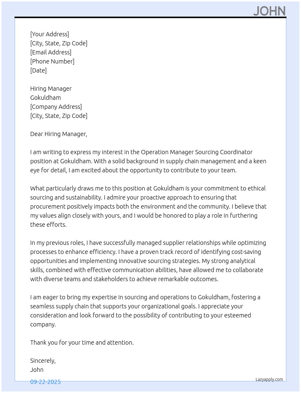 Operation Manager Sourcing Coordinator  At Gokuldham Cover Letter
