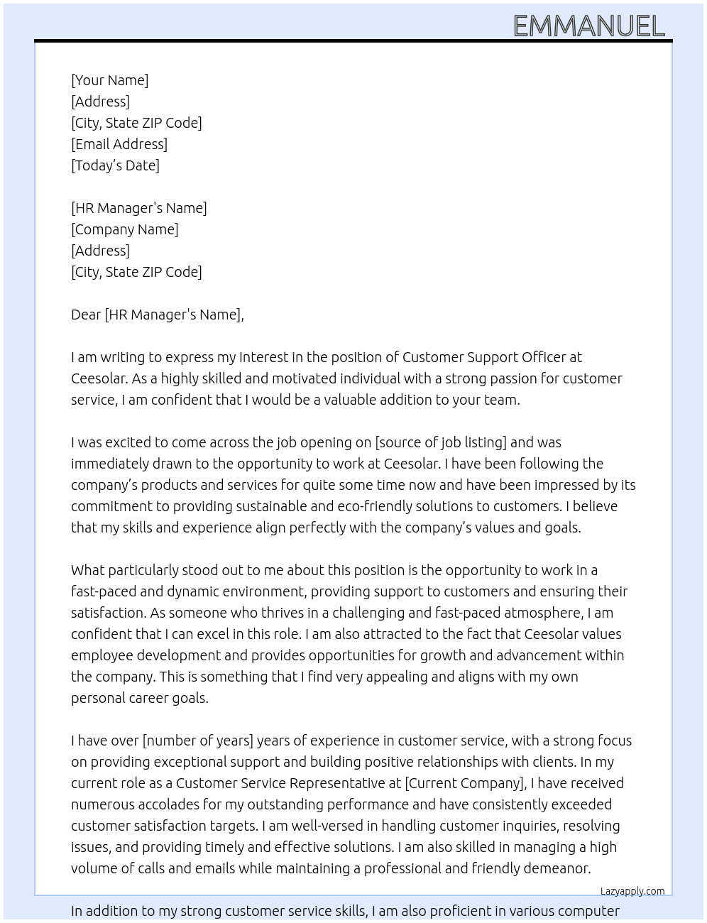 Customer Support Officer   At Ceesolar Cover Letter